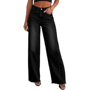 Women's Wide Leg Jeans Casual High Waisted Straight Stretch Denim Pants with Frayed Raw Hem