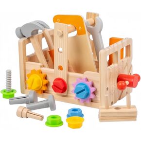 Montessori Wooden 2-4 Years Toddler Tool Set for 2 3 4 5 6 Years, Educational STEM Building Learning Toddler Tool Box, Wooden Toddler Tool Table, Best Gifts Choice for Boys and Girls