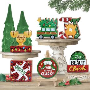 Christmas Vacation Tiered Tray Decor, Xmas Classic Movie Tray Decorations, Clark Car Cat Deer Joy Wooden Signs, Funny Holiday Rustic Farmhouse Home Decor for Table Shelf Mantel Party