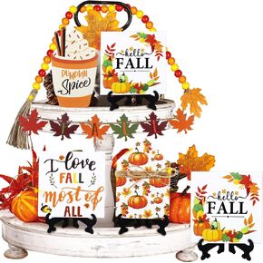 14 Pieces Fall Decor Fall Thanksgiving Tiered Tray Decor Wooden Signs Gnomes Plush Fall Tabletop Signs Pumpkin Tiered Tray Decor Farmhouse Rustic Tiered Tray for Autumn Decor(Vivid Style)