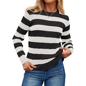 ZESICA Women's Sweaters Fall Winter Casual Striped Long Sleeve Crew Neck Cable Knit Loose Chunky Pullover Sweater