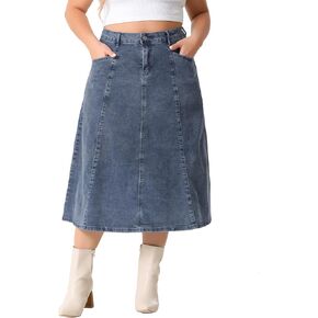 Agnes Orinda Women's Plus Size Denim Skirts Vintage High Waist with Pockets A-Line Midi Jean Skirt