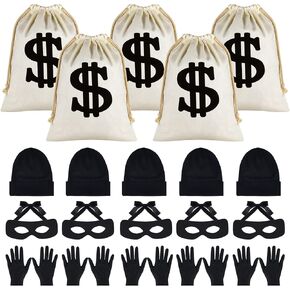 MIAHART 20 Pieces Robber Costume Set, Include Eye Mask Knit Beanie Cap Canvas Dollar Sign Money Bags Halloween Cosplay