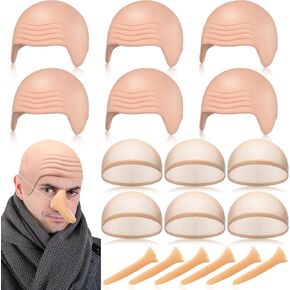 Yunlly 18 Pcs Bald Caps Halloween Makeup Latex Bald Head Wig Cap Long Fake Nose Accessory Bald Cap for Men Women Costume