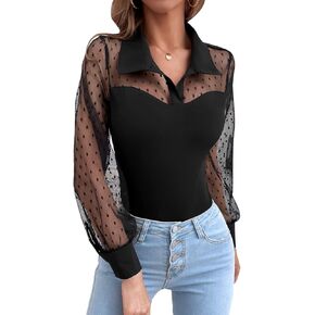 WDIRARA Women's Polka Dots Sheer Mesh Long Sleeve Collar Bodysuit Shirt