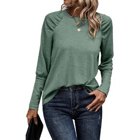 SimpleFun Womens Pleated Long Sleeve T Shirts Crew Neck Fall Tunic Tops Loose Fit Casual Basic Tees