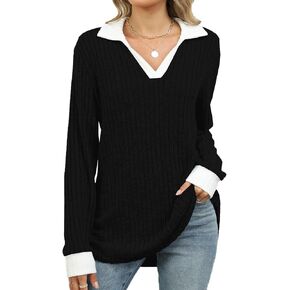 BAISHENGGT Women's Contrast Collared Shirts Casual Long Sleeve Ribbed Fall Tops Lightweight Tunic Sweaters in Kuwait