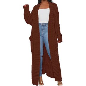 A ADILACA Brown Maxi Cardigan, Cardigan for Women Spring, Stylish Cable Knit Dual Pocket Cardigan Ankle Length, Long Cardigan Sweater, Open Cardigan (Coffee, XL)