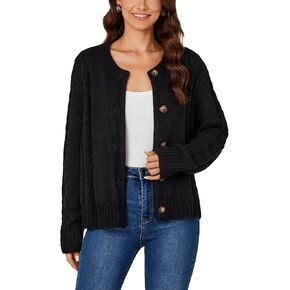 LYANER Women's Cable Knit Open Front Button Down Long Sleeve Soft Cardigan Sweater Coat Top