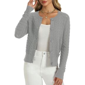 Tanou Women Cropped Cardigan Sweaters Diamond Check Jacquard Knit Long Sleeve Button Up Cardigan