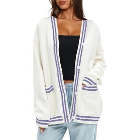 Darong Women Oversized Cardigan Sweaters Knit Button Front Stripes Trim Cardigan Tops Fall Outfits with Pockets