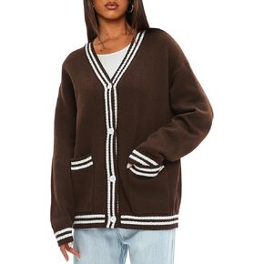 سترة صوفية نسائية كبيرة الحجم من Darong، سترة محبوكة بأزرار أمامية وخطوط أمامية، ملابس خريفية مع جيوب in Kuwait