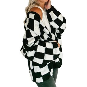 Womens Plaid Cardigan Sweater Vintage Open Front Cable Knit Loose Coat Checkered Colored Block Sweaters Outwear