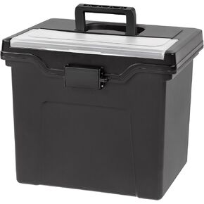 IRIS USA File Box Slim with Lid File Organizer for Letter File w/ Organizer-Lid, Water Resistant Document Box, Plastic Mobile Filing Organizer, Secure Buckle, Portable Handle, Lockable, Black 4 Pack