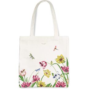 kate spade new york Canvas Tote Bag for Women, Cute Tote Bag for Work or Teacher, Canvas Beach Bag, Book Tote with Pocket, Dragonflies and Tulips