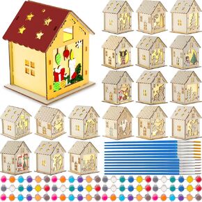 Qunclay 18 Pcs LED Christmas Wooden Craft House for Kids Paint Your Own Unfinished Wood Crafts DIY 3D Cutting Wooden Puzzle with 12 Strips Paint and Flat Tip Brushes for Christmas Party