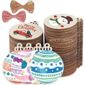 4" 100PCS Christmas Wooden Ornaments Unfinished, DIY Christmas Crafts for Kids Wood Slices DIY Crafts Supplies for Girls Adults, Christmas Ornaments Holiday Decoration