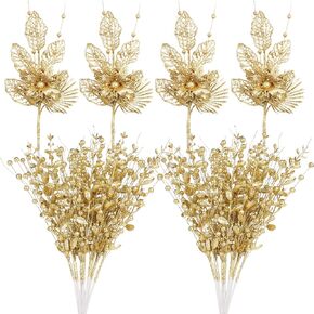 SY Super Bang 20 Pack Christmas Tree Decorations, Gold Christmas Ornaments Artificial Glitter Berry Picks and Sprays Stems Branches Picks Twigs, for Xmas Tree Vase Filler Home Holiday Decor