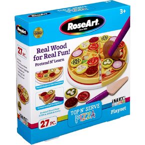 RoseArt Top n' Serve Wood Pizza Parlor Play Set 27pc Pretend Play Kitchen Gift, for Toddlers Ages 3 and Up