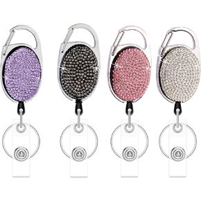 Retractable Badge Holders with Bling Rhinestones Crystal, Badge Reel with Belt Clip and Key Ring, 24 inches Thick Kevlar Pull Cord. (4pcs- Silver, Black, Pink and Purple)