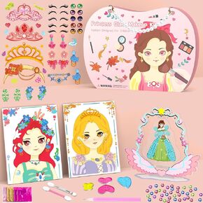 LASGU 5 in 1 Princess Art Craft Kits, Foil Fun Art & Diamond Painting with Princess Dress Up Sticker Book, Paper Makeup DIY Fashion Set for 4-8+ Girls Toys Gift