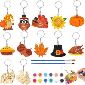 Jetec 36 Pcs Color Your Own Wood Thanksgiving Day Keychains 1.97 x 2.76 Inches DIY Thanksgiving Day Wooden Blank Keychains Autumn Crafts Gifts Kits for Students School Reward Goodie Fillers, 12 Styles