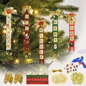 UNIIDECO Christmas Crafts Ornament Kits for Adults Kids, Xmas Tree Ribbon Name Ornaments DIY Making, Holiday Family Tree Decoration Sets, Letters Tiles Home Decor Ideas for Navidad Stocking