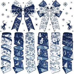 6 Rolls 30 Yards Christmas Wired Ribbon 2 Inch Blue Christmas Ribbons Snowflake Reindeer Snowman Ribbons Winter Swirl Burlap Gift Wrapping Ribbon for Xmas Tree DIY Craft Bow Wreath Decorations