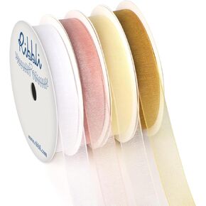 Ribbli 4 Rolls Organza Ribbon 1/2 Inches Total 80 Yard White Rose Gold Ivory Gold Sheer Ribbon for Gift Wrapping,Cookie Wrapping,Wedding Decoration
