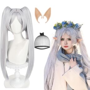 JoneTing Frieren Wig【+Wig Cap+ A Pair of Elf Ears】 Women Long Straight White Ponytail Wig with Bangs Long White Double Ponytail Wig Frieren Cosplay Wig Long White Wigs Halloween Party Costume Outfit