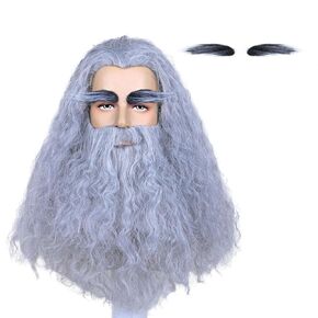 ColorGround Long Curly Gray Cosplay Wig with Beard for Men Halloween Costume