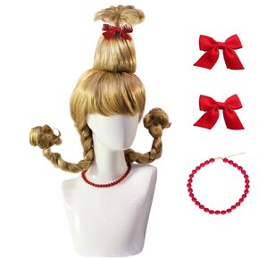 5PCS Set Christmas Wig Long Blonde Braid Who Wig for Women Girls with Necklace and 2*Red Bow For Halloween Party Cosplay Costume Wig Accessory(+Wig Cap)
