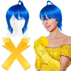 TLY 3 Pcs Short Blue Wig with a A Wig Cap,Halloween Costume Hair Wigs with Yellow Gloves and Bag for Women Halloween Costume Emotion Cosplay
