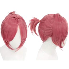 Anogol Wig Cap+ Wine Red Color One Pigtail Wigs for Women Short Red Cosplay Wig for Girl Red Wigs Pink Pigtail Wig with Bands Short Straight Red Wig Synthetic Wig Anime Outfit for Halloween Party
