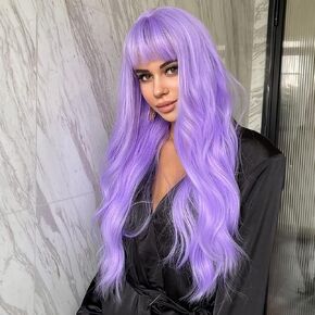 BERON Purple Wig Wig with Bangs Lavender Purple Wig for Women Long Wavy Wig Purple Wigs Synthetic Wig for Daily or Party Hairnet Include