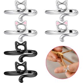 Tyqour 6Pcs Crochet Rings for Tension Cute Cat Ring Adjustable Crochet Ring for Finger Metal Open Yarn Guide Crochet Rings Braided Faster Knitting Accessories for Crochet Mother Grandma Gifts