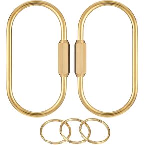 Mabor 2Pcs Small Locking Carabiner Gold Brass Screw Lock Key Ring Brass Keychain Clip Screw Locking Key Chain for Women Men Oval Key Holder Organizer for Car Keys Handbag Purse