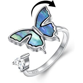 Abalone Shell Butterfly Anxiety Ring for Women 925 sterling silver Fidget Ring Spinner Ring Open Adjustable Cubic Zirconia Ring Jewelry Birthday Gifts for Women
