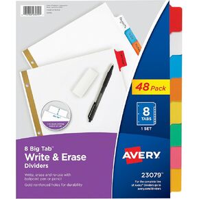 Avery 8-Tab Binder Dividers, Write & Erase Multicolor Big Tabs, 48 Sets (23079)