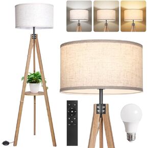 OUTON Dimmable Wood Tripod Floor Lamp with Shelves, Remote Control, Mid Century Modern Standing Lamp 58.5" for Bedroom, Living Room, and Office, Flaxen Lamp Shade Include E26 9W Bulb