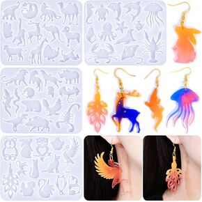 Szecl 4Pcs Animal Pendant Silicone Mold 53 Cavities Kitten Dog Bear Shapes Keychain Charm Epoxy Resin Mold Sea Octopus Starfish Snake Women Earrings Necklace Casting Mold Jewelry Making Tool Handmade
