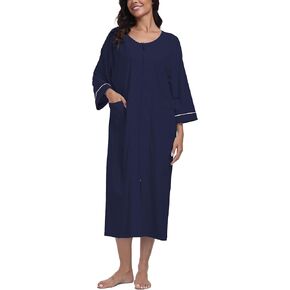 ANLIQI Women's 100% Cotton Long Robes Lightweight Housecoats 3/4 Sleeve Loungewear Dress Full Length Bathrobe with Pockets