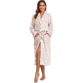 RONGTAI Long Fleece Robe for Women, Shawl Collar, Plush Warm Fabric, Side Pockets,Nightwear Style
