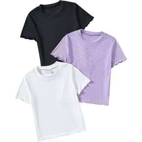 OYOANGLE Girl's 3 Piece Short Sleeve Tees Crew Neck Ribbed Knit Tee Shirts Basic Solid Crew Neck T-Shirt