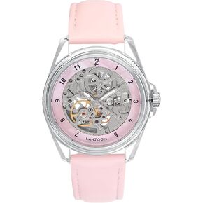LANZOOM Women's Mechanical Watch - Hollow Dial Design, Pink Nacre Dial, Adjustable Pink Leather Strap - 34mm Case, 3ATM Water Resistance
