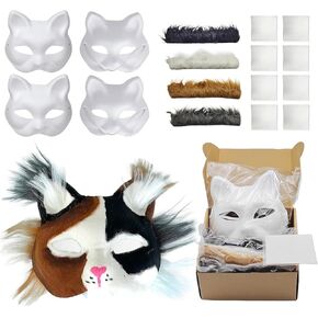 Therian Masks with Fur and Eye Mesh, 4-PCS Cat Therian Set for Kids' Arts & Crafts, DIY Animal Mask Blank Costume Gear for Halloween, Masquerade, and Cosplay Party