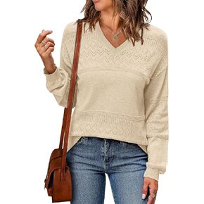 WIHOLL Womens Sweaters Casual Long Sleeve V Neck Lightweight Crochet Pullover Sweater Cable Knit Fashion Fall Tops