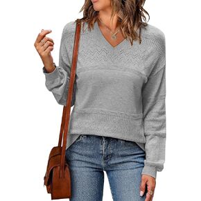 WIHOLL Womens Sweaters Casual Long Sleeve V Neck Lightweight Crochet Pullover Sweater Cable Knit Fashion Fall Tops