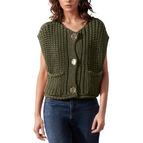 Womens Casual Chunky Knit Vest Gold Button Down Crop Crochet Sleeveless Sweater Vest