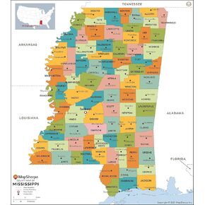 Mississippi Counties Map - Standard - 36" x 40.5" Laminated